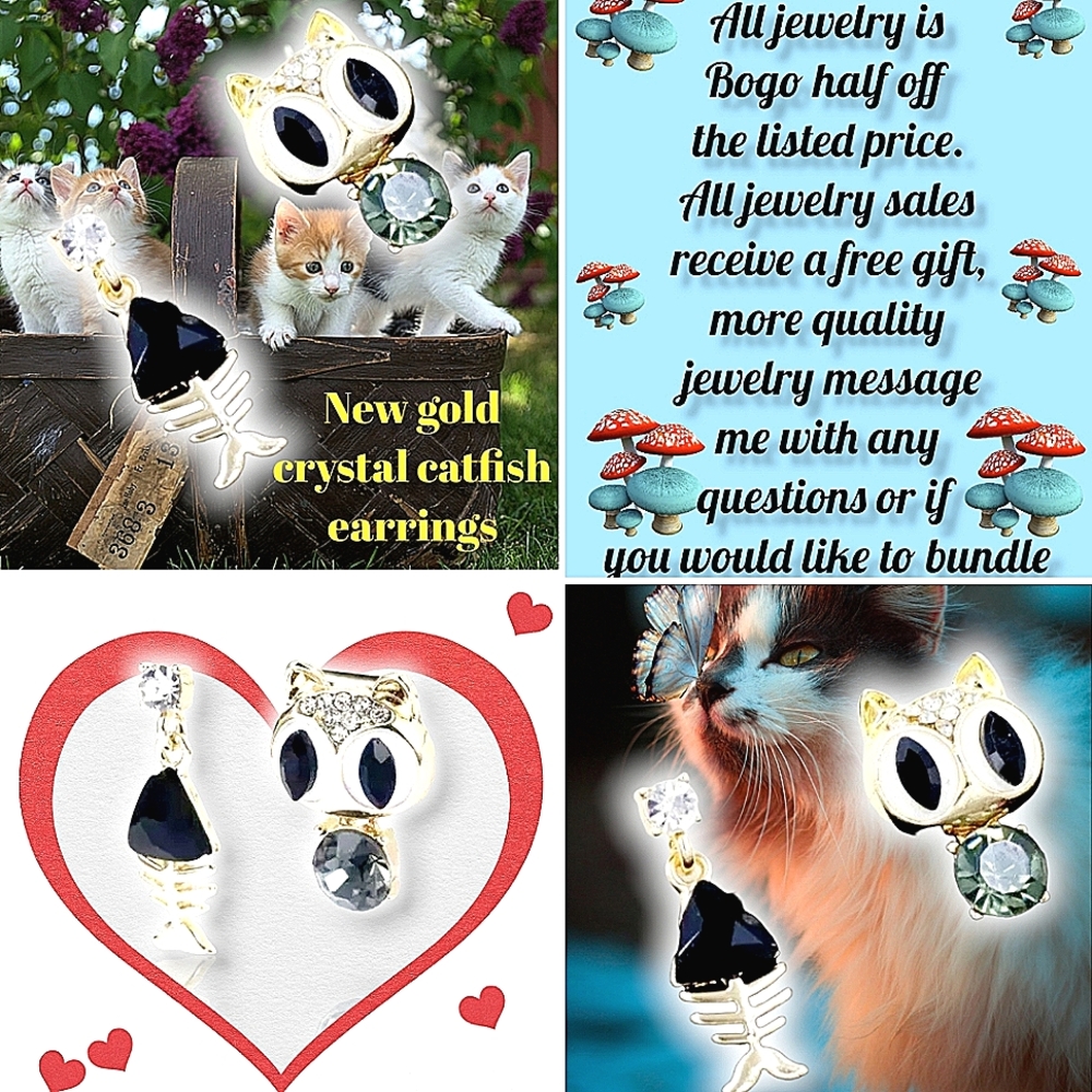 18K gold plated cat crystal catfish earrings With silver post for sensitive ears